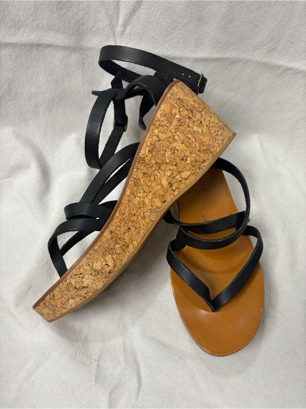 K.Jacques Black Strappy Cork Wedge Sandals Size 39/8.5